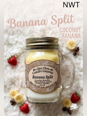 🍌🍨 Our Own Candle Co. Large Banana Split Mason Jar Candle 13oz 100hr Burn 🍌🍨